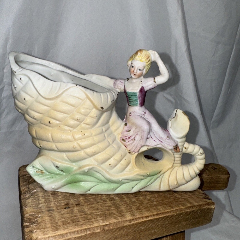 Antique JB BETSON's China Figural Horn Vase with A Girl In Dress Hand Painted